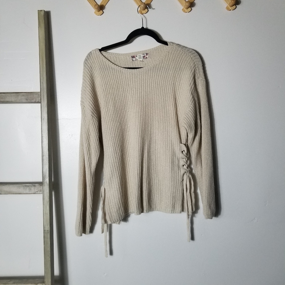 PINK ROSE WOMEN'S CREAM KNIT SWEATER WIT SIDE TIES SIZE LARGE